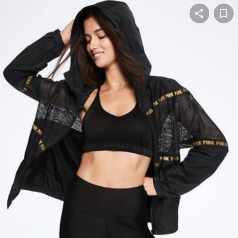 PINK by Victoria Secret women's Anorak hooded black and gold sport jacket